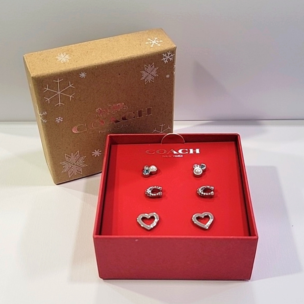 Coach 3 Earrings Set - Cluster, Heart and C